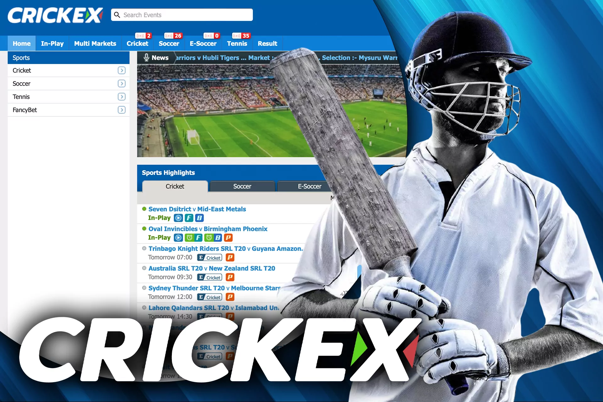 Place bets on IPL and other cricket leagues at Crickex.